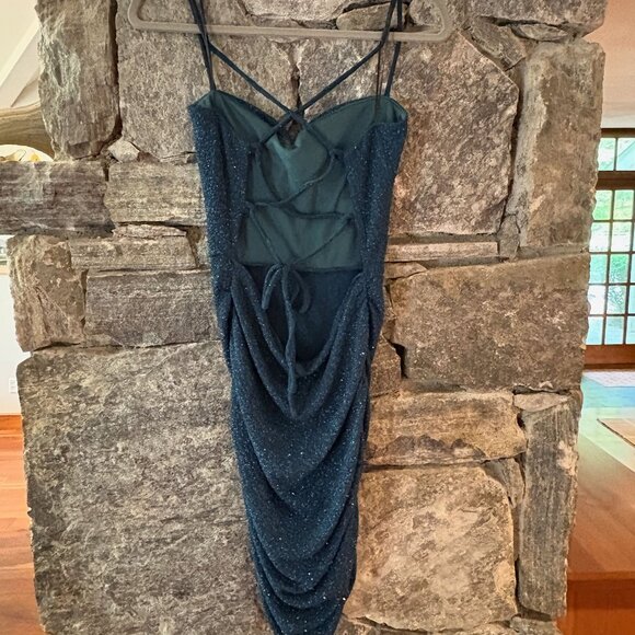 WINDSOR: MY SPARKLE GLITTER LACEUP MINIDRESS - TEAL; SIZE L; NWT - Picture 3 of 8